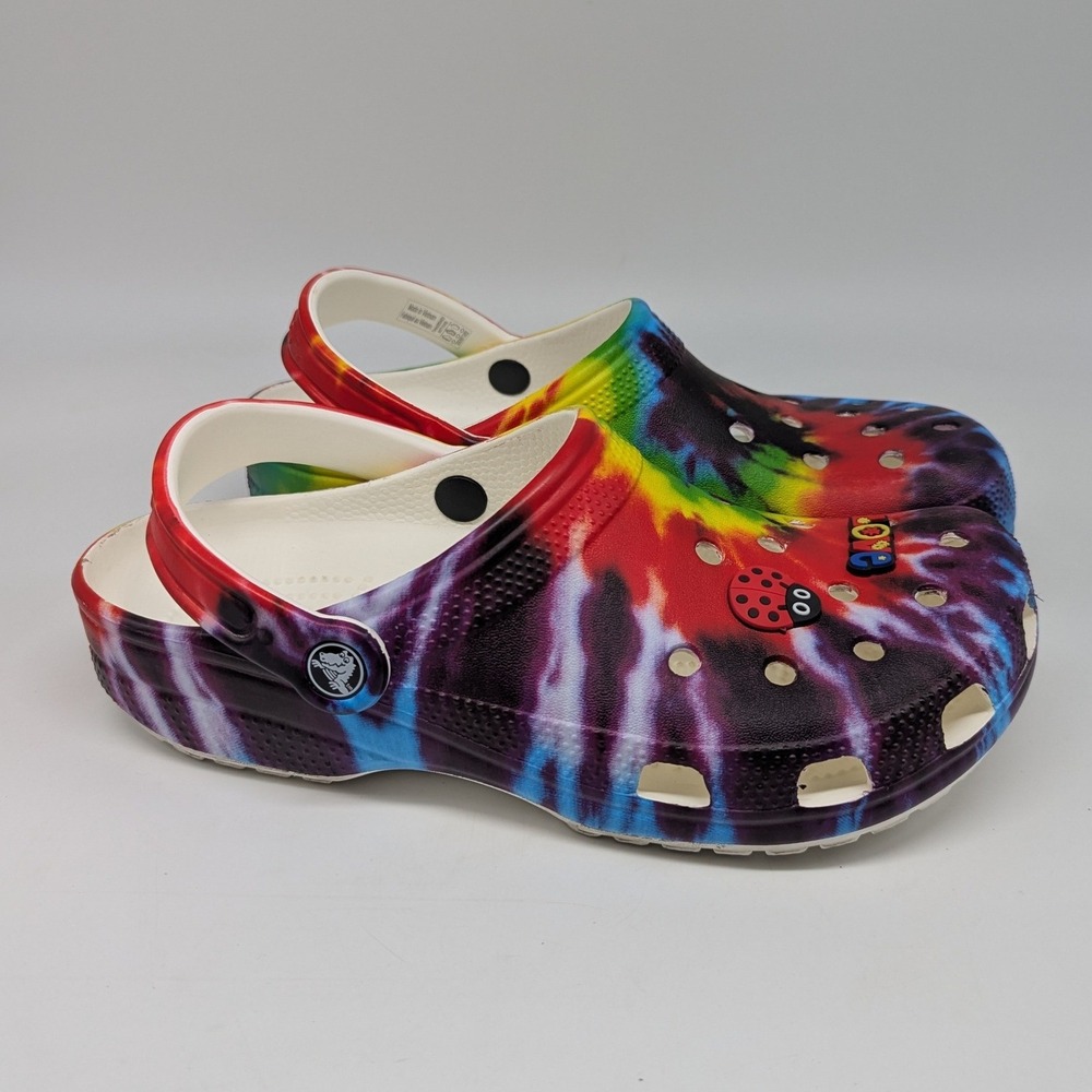 Crocs Classic Tie Dye Clogs Unisex Mens 7 Womens 9 Rainbow Hippie Jibbitz 205453